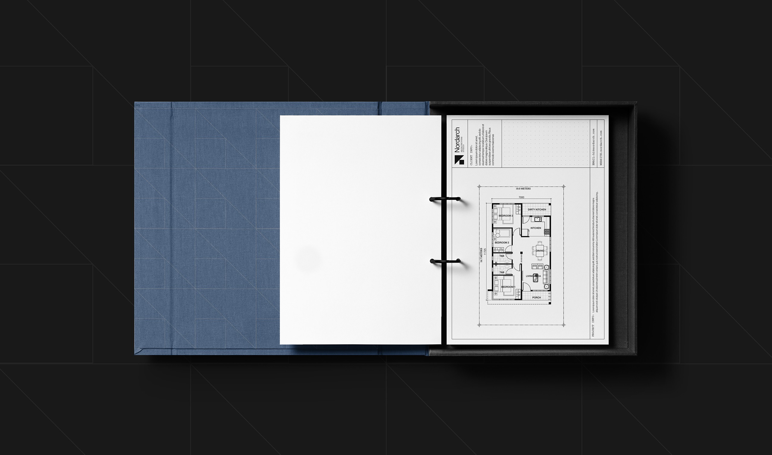 Nordarch Studio creative direction — architectural blueprint and logo design Nordic minimalism