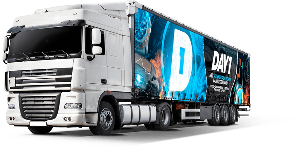 Vrachtwagen met reclame van Day1
