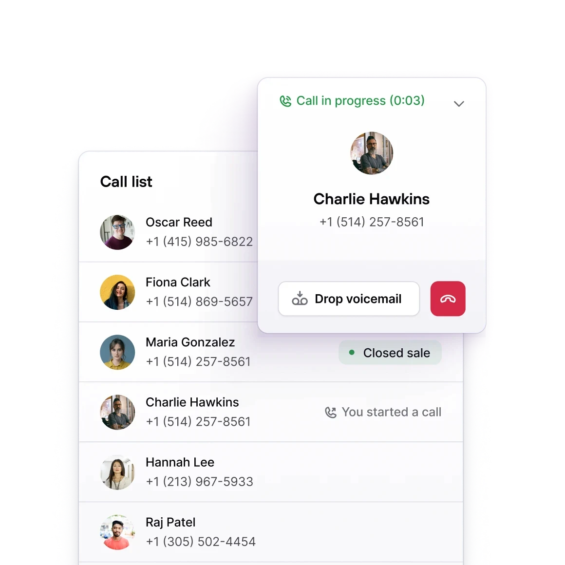 Visual highlighting the feature ‘Add a new profitable sales channel: Outbound Phone,’ which enables businesses to convert more shoppers through phone calls. The interface displays a call list with customer details, including contact names and phone numbers, alongside an active call screen featuring options like ‘Drop voicemail’ and ‘Hang up.’ This feature emphasizes efficiency in reaching customers and leaving automated voicemail sequences.