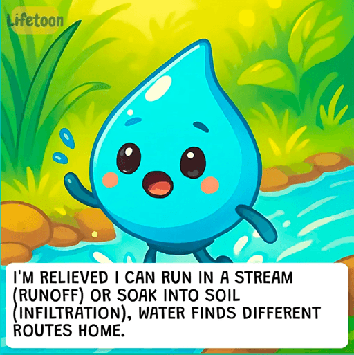 A cute cartoon water droplet character stands beside a small stream in a bright, colorful forest. The droplet looks cheerful and expressive, with big eyes and a small open mouth. A caption below explains that water can travel as runoff in streams or infiltrate into soil, taking different paths home. The Lifetoon logo appears in the top left corner.