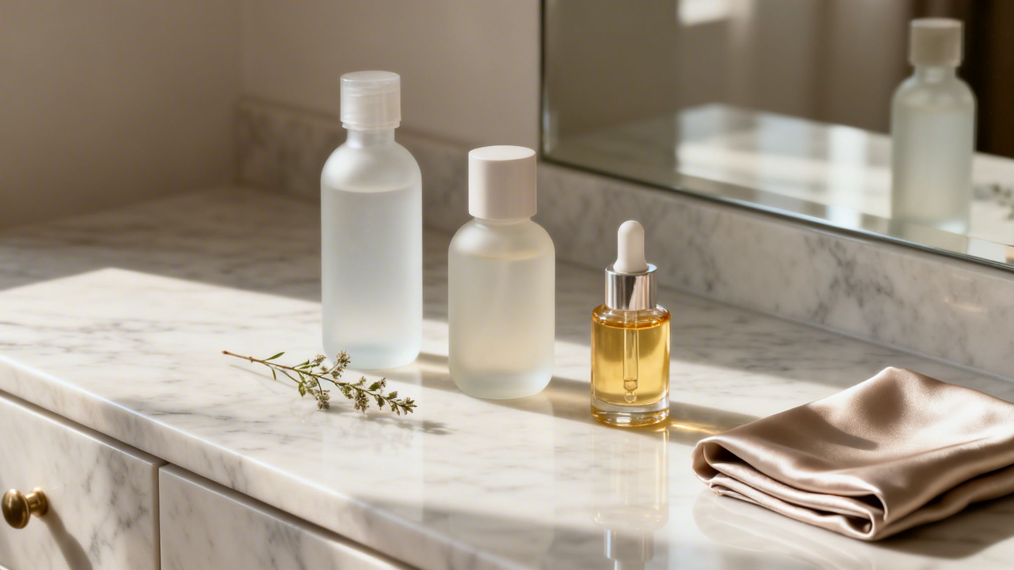 Luxe skincare products on a marble vanity, including frosted bottles, a dropper, a botanical sprig, and a silk cloth.