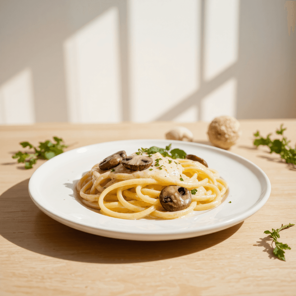 product photography of a plate of creamy pasta with mushrooms and herbs
