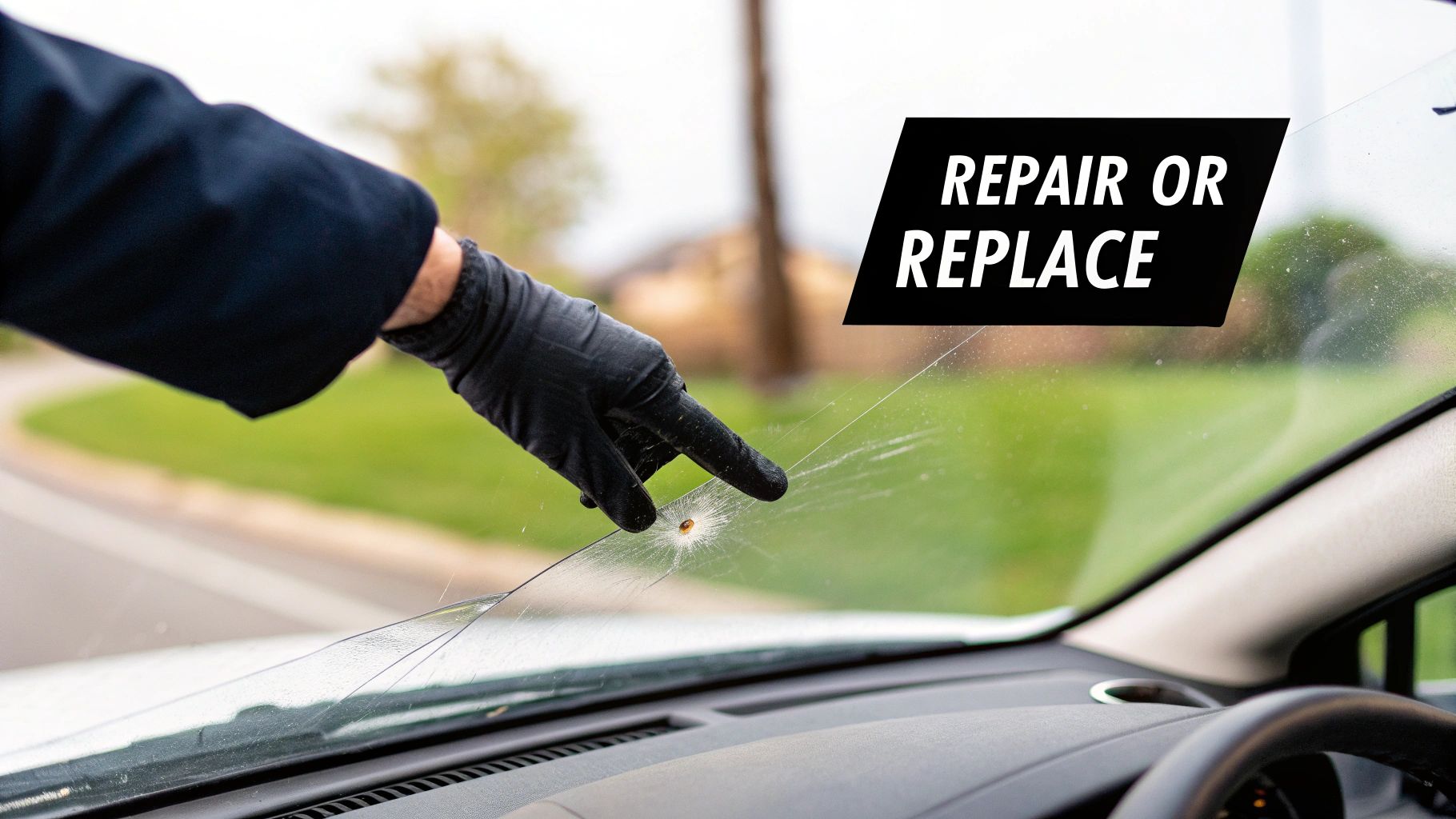 A gloved hand points to a damaged car windshield with a prominent rock chip and cracks, asking 'REPAIR OR REPLACE'.