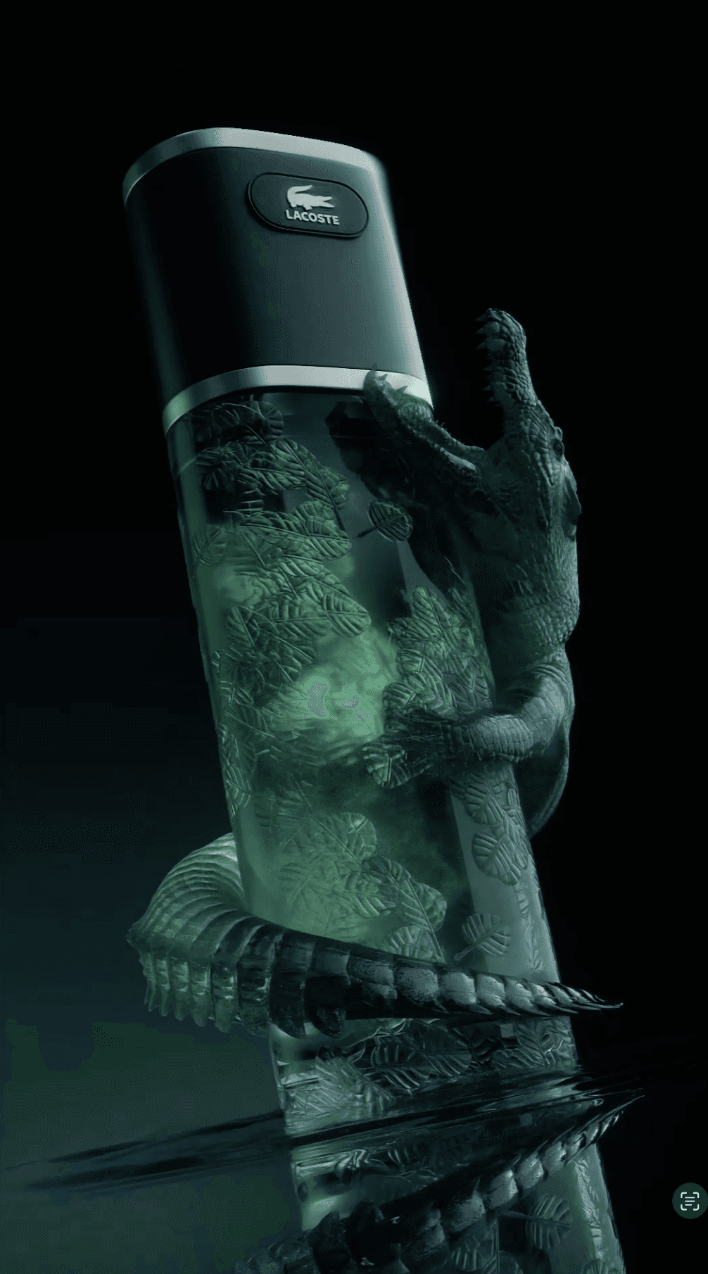 A 3D render of a Lacoste frangrance bottle wrapped in by a textured crocodile tail and lush green leaves