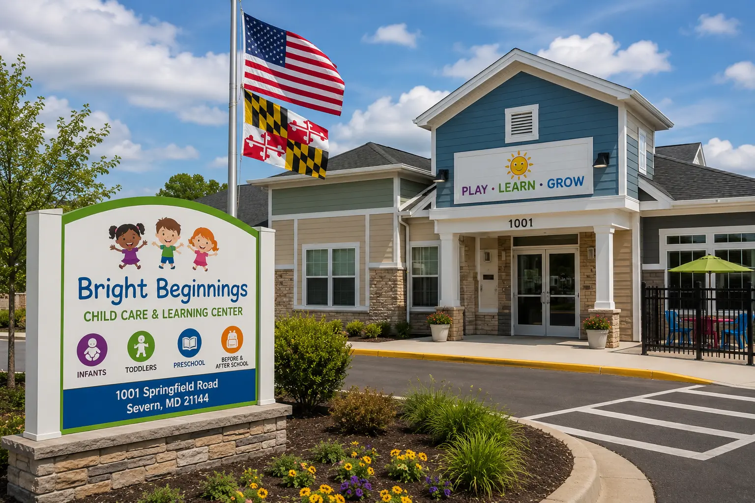 an image of the outside of a child care center including sign and flags with american flag on top and maryland flag on bottom
