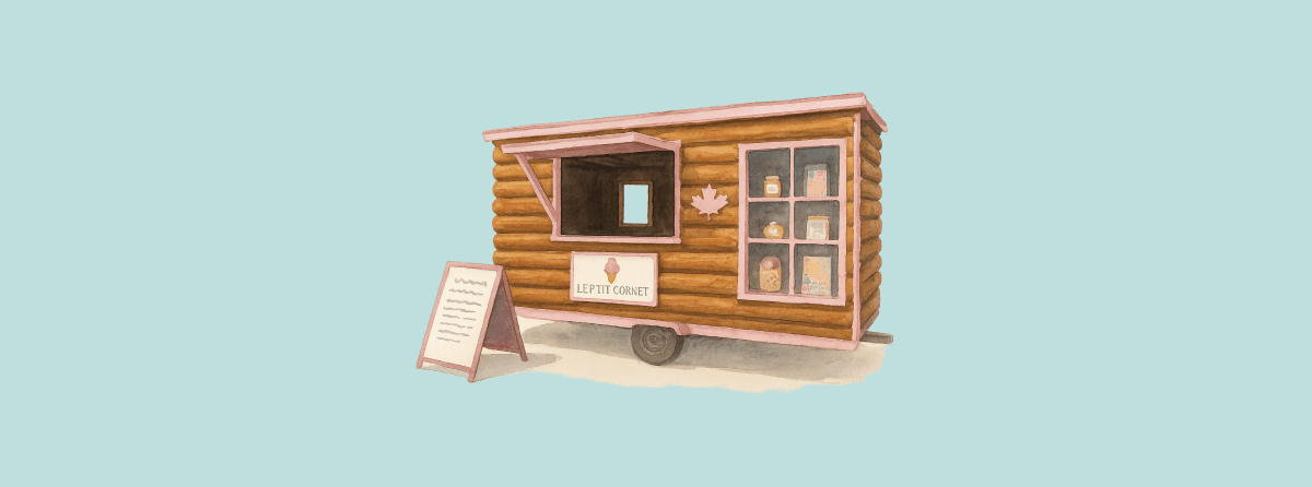 Watercolor painting of Le P'tit Cornet trailer. It looks like a sugar shack on wheels with light pink details