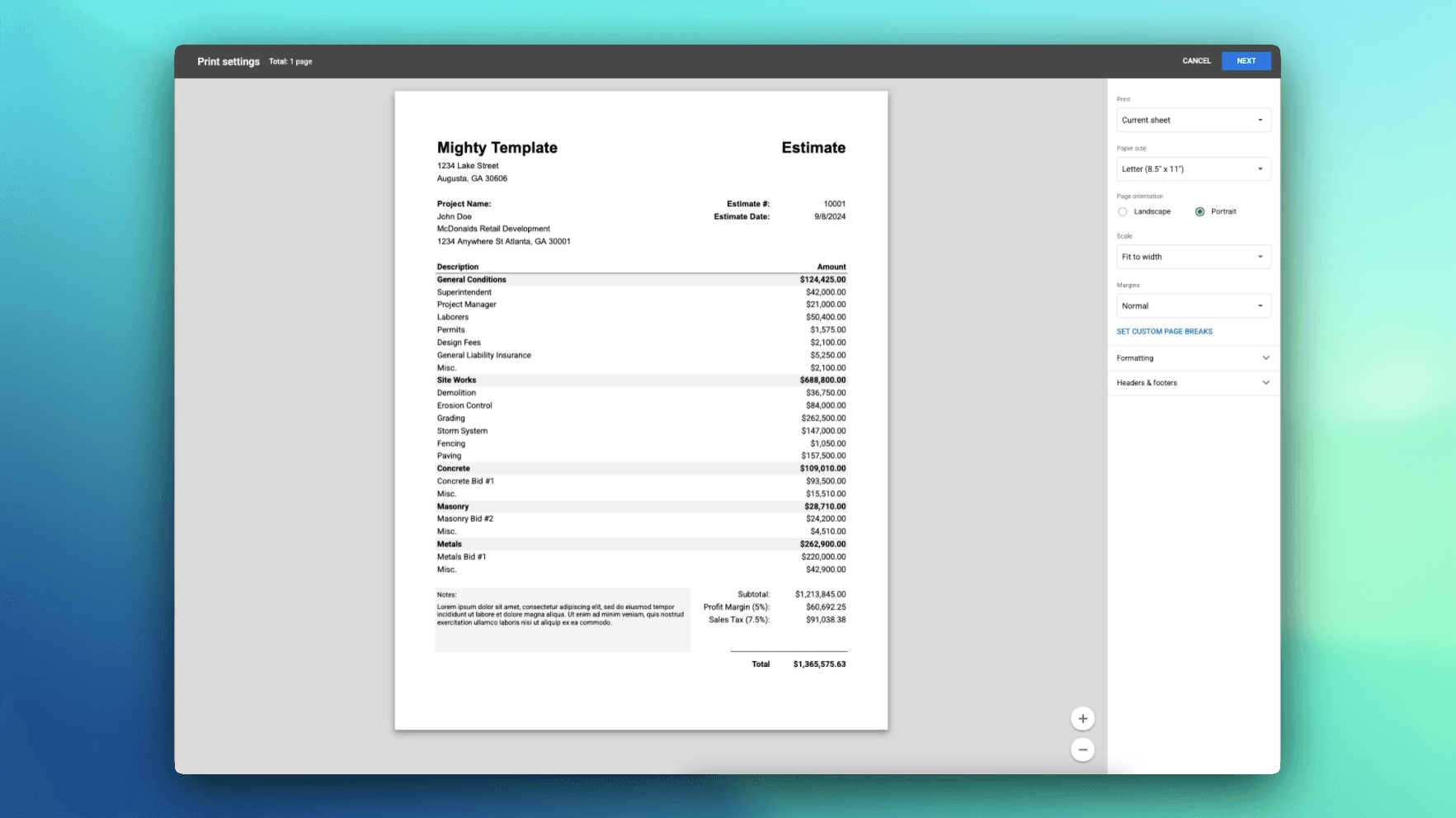 Print preview of Construction Bid Template estimate – professional formatted PDF output with itemized descriptions, subtotals, profit margin, sales tax, and total bid amount on Letter size paper