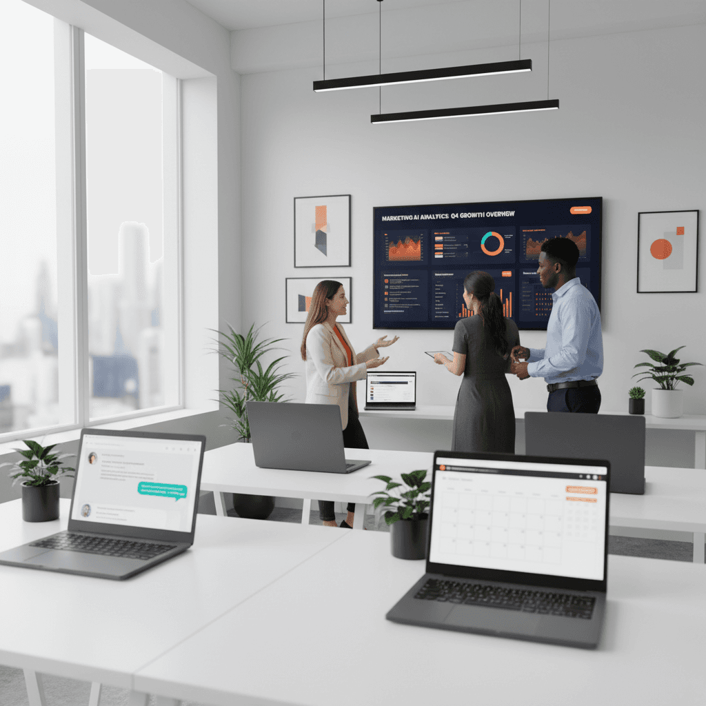 B2B SaaS marketing team analyzing AI visibility metrics and platform performance dashboards