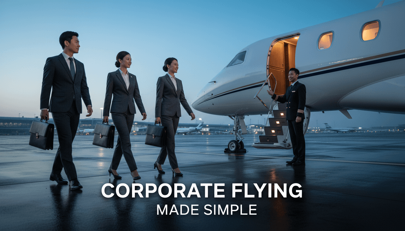 A corporate executive team boarding a private jet on an early-morning apron — the 2026 corporate charter operations guide