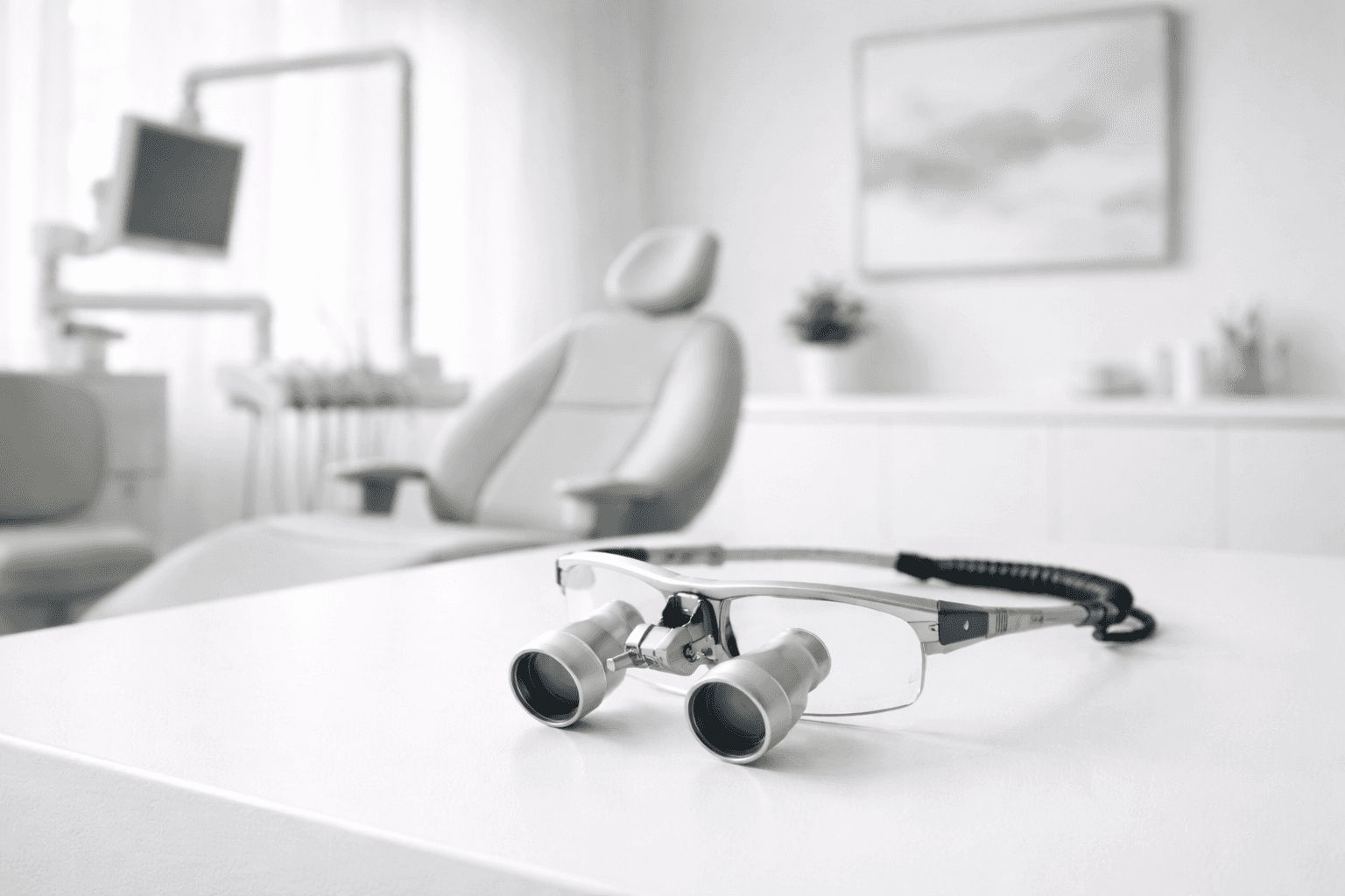 Dental loupes resting on a clean surface in the foreground, with a dental chair softly blurred in the background of a modern dental office.