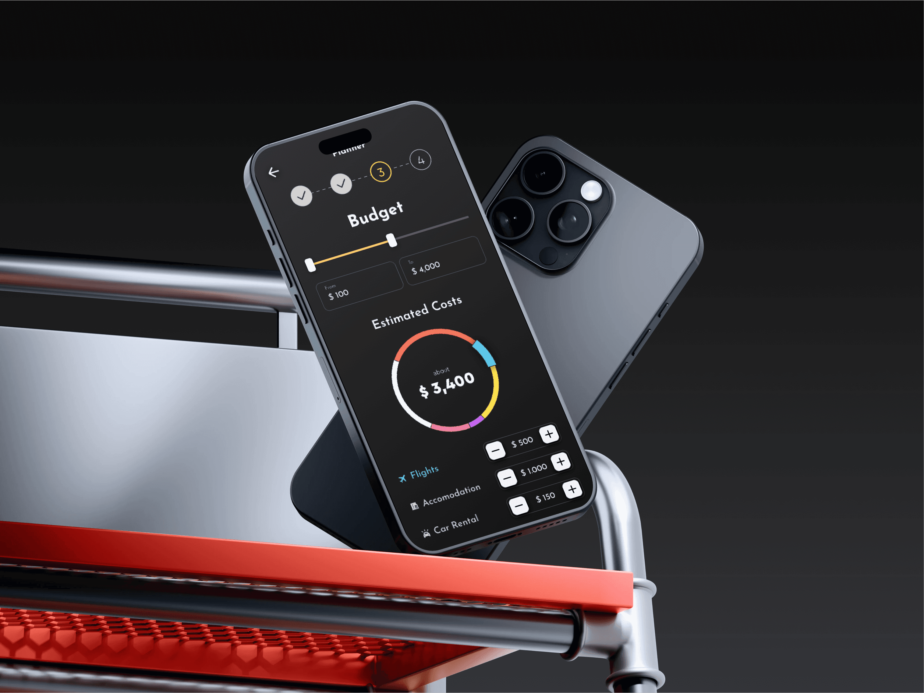 Visualisation of 2 mobiles floating in the air. One of them shows a trip planning process, with budget calculation and adjustion buttons.
