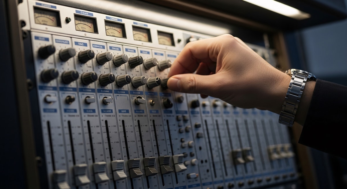 A hand adjusting sliders on a soundboard with a watch.