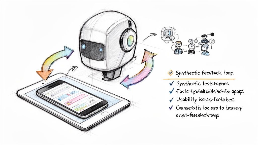 Sketch of a robot, smartphone, and tablet depicting a synthetic feedback loop for app testing.