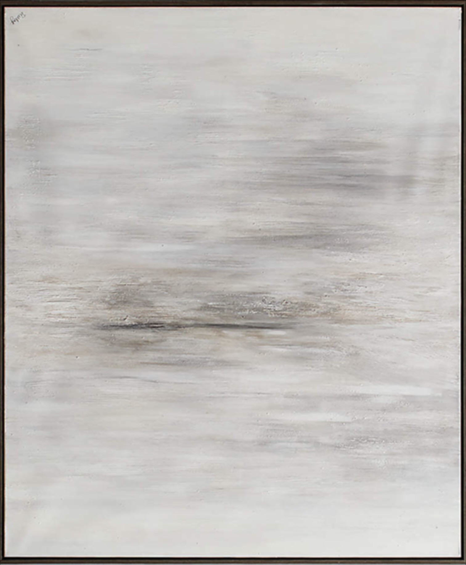 Framed abstract painting reference in soft gray, white, and taupe brushstrokes
