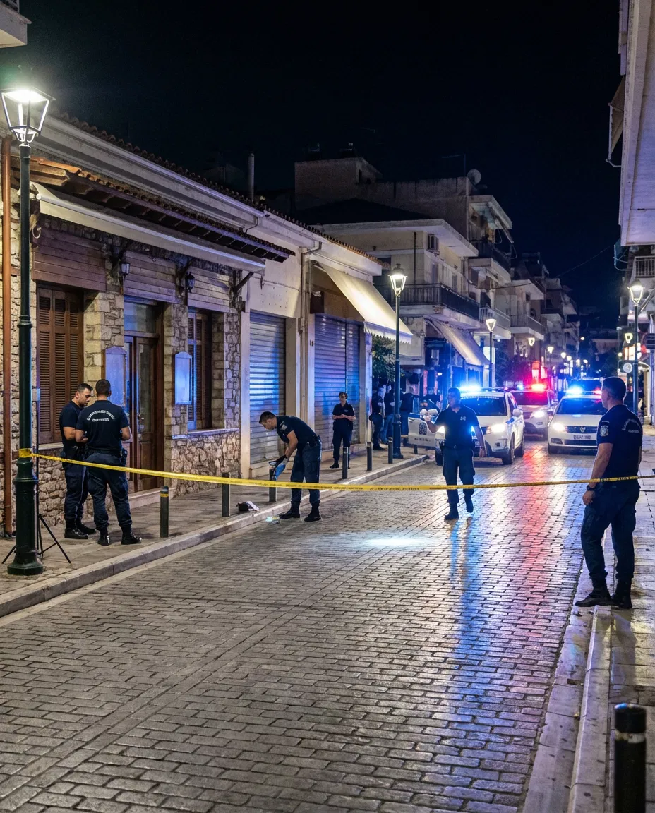 Nighttime police presence outside the restaurant in Agios Dimitrios