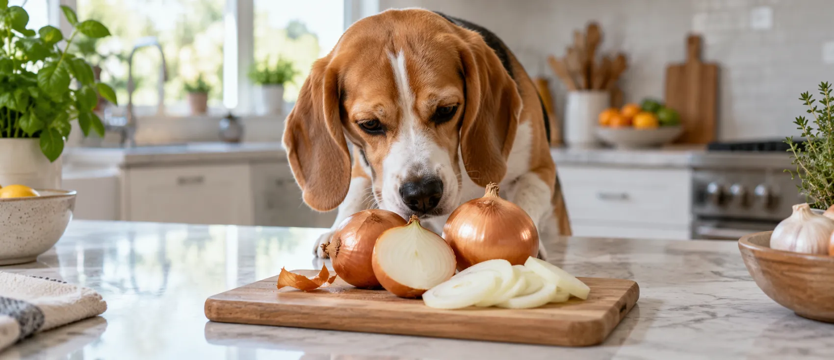 A Beagle noses a cutting board of sliced onions left within reach on the counter.