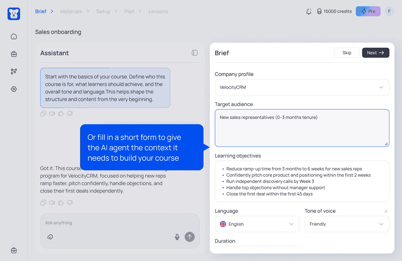 Foxtery AI course creation interface showing brief setup with target audience, learning objectives, and assistant guidance for building role-based training.