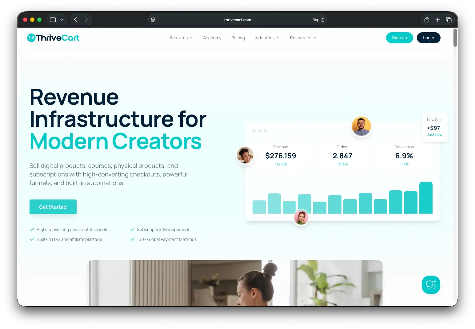 ThriveCart homepage, a payment platform for coaches