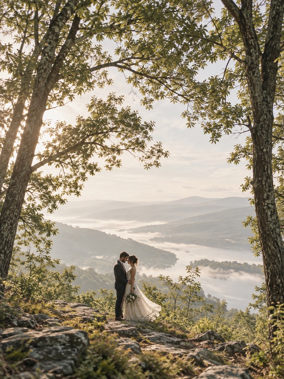 Newlyweds on a misty Hudson Valley overlook