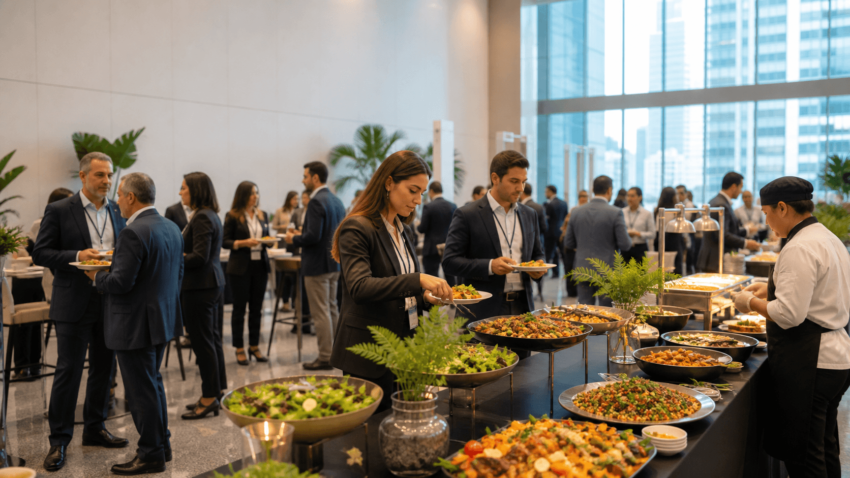 Buffet para convenção de vendas com equipe comercial em evento corporativo