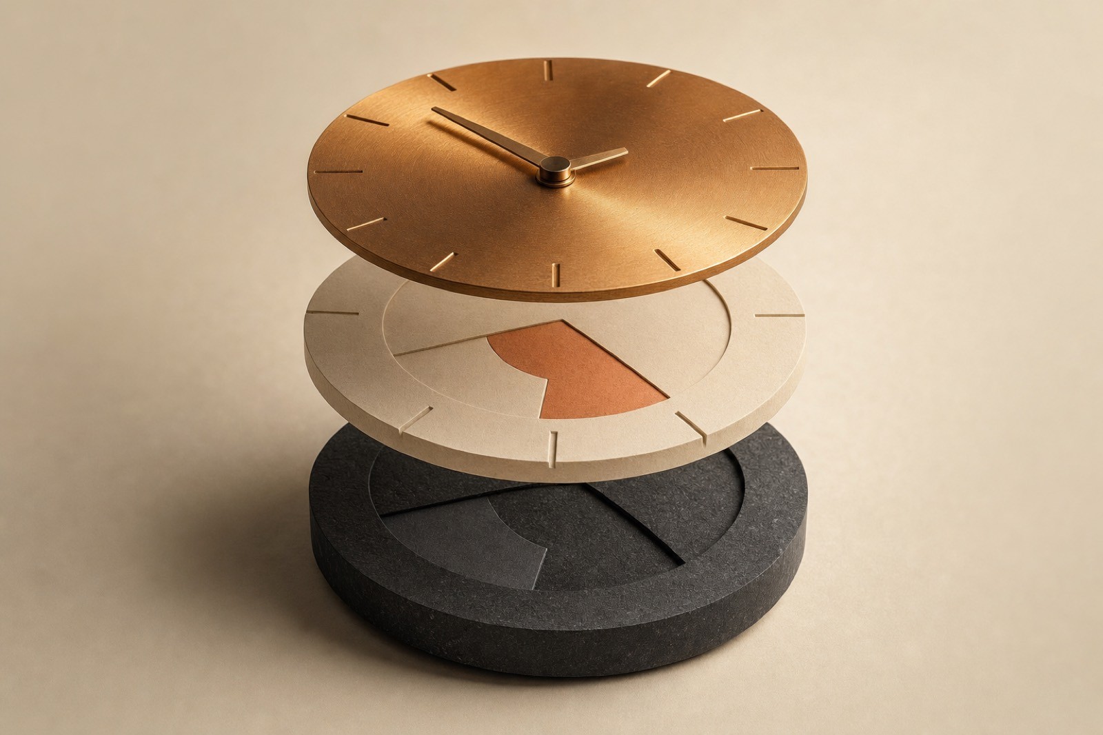 A single circular dial exploded into three separated stacked layers of brass, cream paper and charcoal stone, revealing the construction underneath