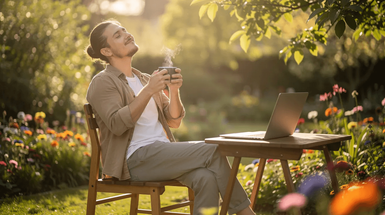 A relaxed person enjoys a sunny garden while sipping coffee, with a closed laptop beside them, symbolizing a peaceful break from club management tasks. This scene reflects the balance between leisure and the responsibilities of managing memberships and events in sports clubs.