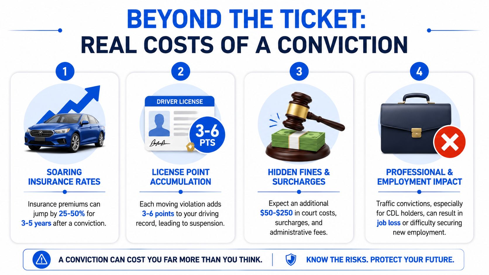 An infographic detailing the financial and professional consequences of receiving a traffic conviction beyond the initial ticket.