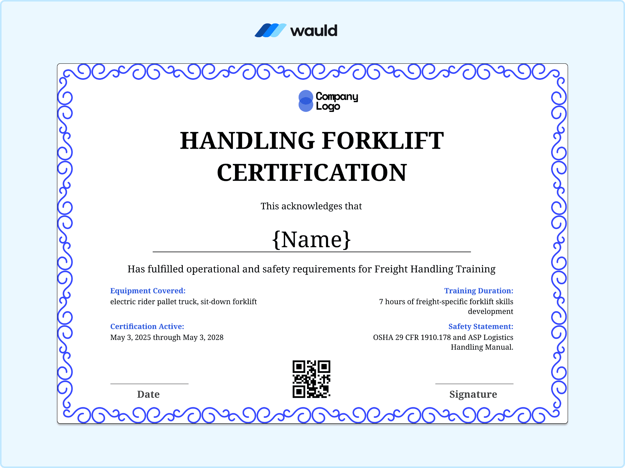 Handling forklift certification template with decorative ornamental border, recipient name field, specific equipment training, completion dates, QR code, and signature line