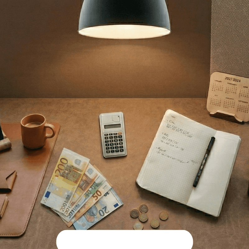 A detailed overhead view of a modern professional workspace featuring leather accessories, tech, and currency. In the center, a stack of Euro banknotes (200€, 50€, 20€, 10€) and a small, unbranded calculator sit next to an open, handwritten notebook with mathematical calculations and a black pen. The desk surface is a textured brown leather, with a matching large leather desk mat on the left and a mouse pad with a wireless mouse on the right. Additional items from left to right include: a ceramic pen holder with four writing tools, a vintage brass-framed desktop magnifying glass, a wooden-base smartphone holder with a dark-screened phone, a small terracotta mug with coffee, two small brown leather cases, a wooden-framed desk calendar showing '2022 NOV', three small brass-toned paperweights, a potted succulent in a geometric grey planter, a brass-toned alarm clock, and a stack of six hardcover business books with clear titles (ZERO TO ONE, THE LEAN STARTUP, etc.). The scene is illuminated by a focused pool of warm, golden light from a large, dark-shaded pendant lamp hanging above the center of the desk. The background is a patterned, textured wall. The small star logo from the original is preserved in the far bottom-right corner. The entire desk is clean, un-blurred, and sharply detailed.
