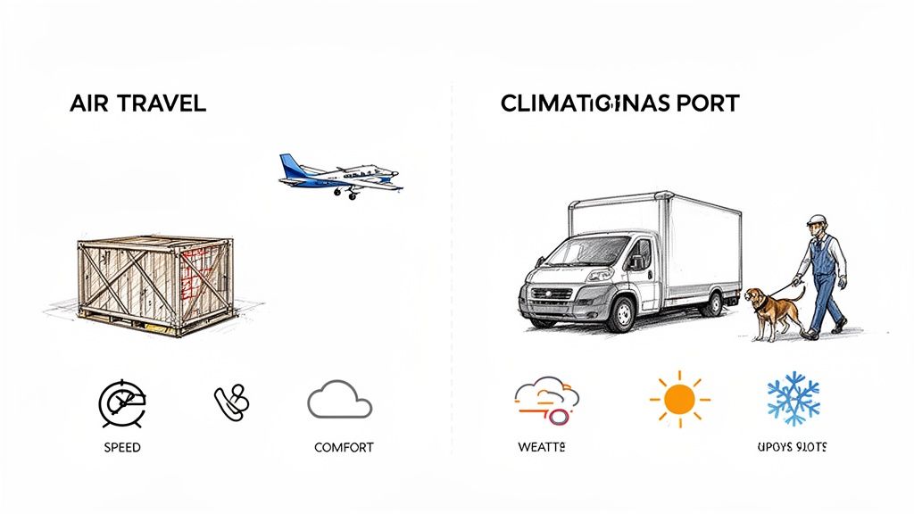 Infographic comparing air travel for cargo and ground transport for animals, featuring a plane, truck, and a dog.