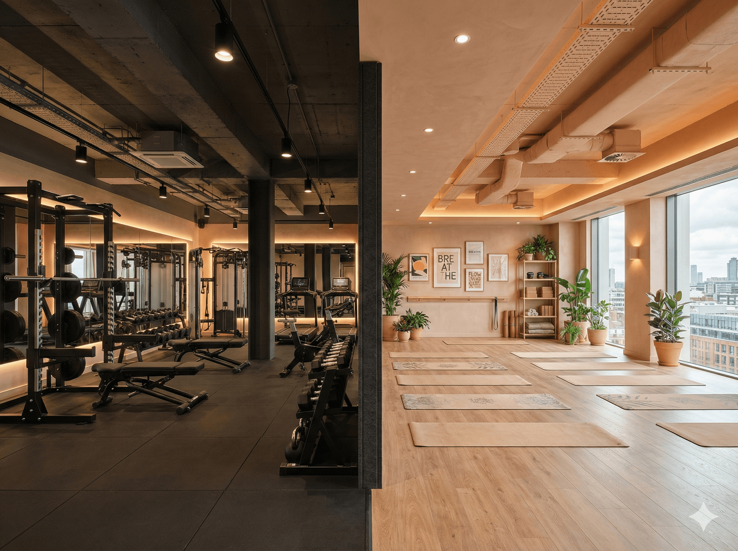 woman standing surrounded by exercise equipment