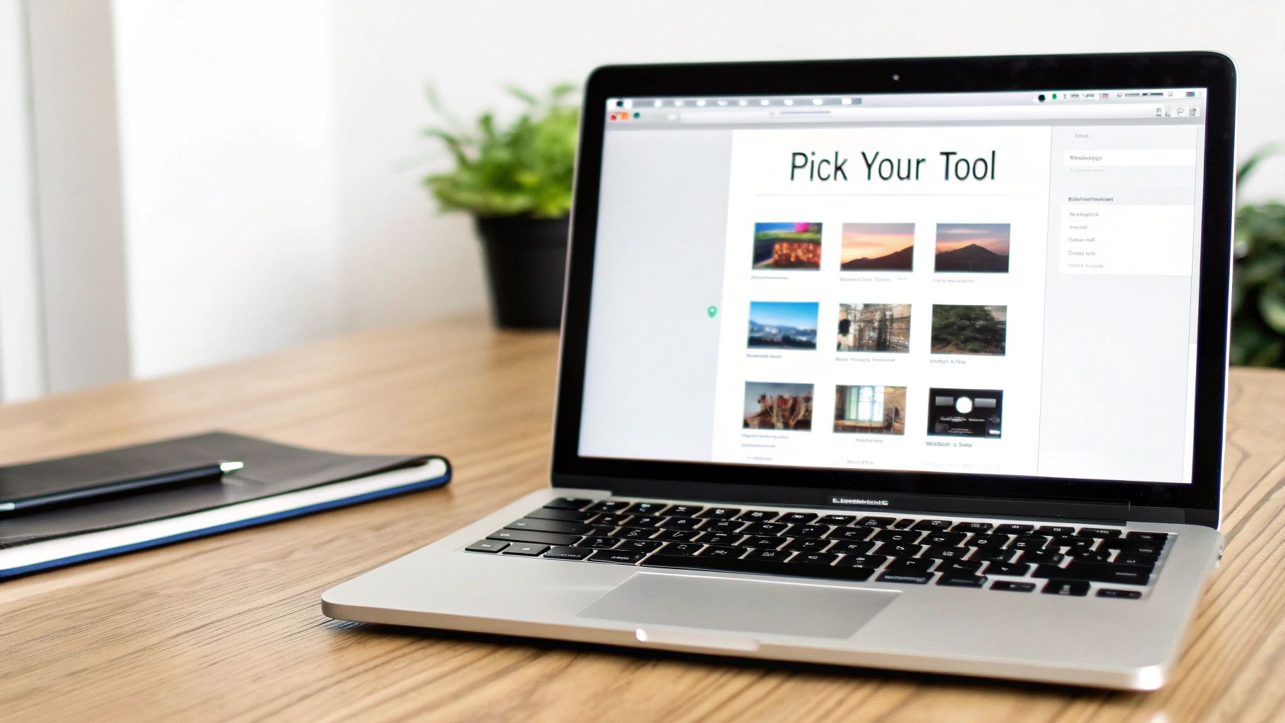Laptop displaying screen capture tool selection interface with thumbnail images on wooden desk