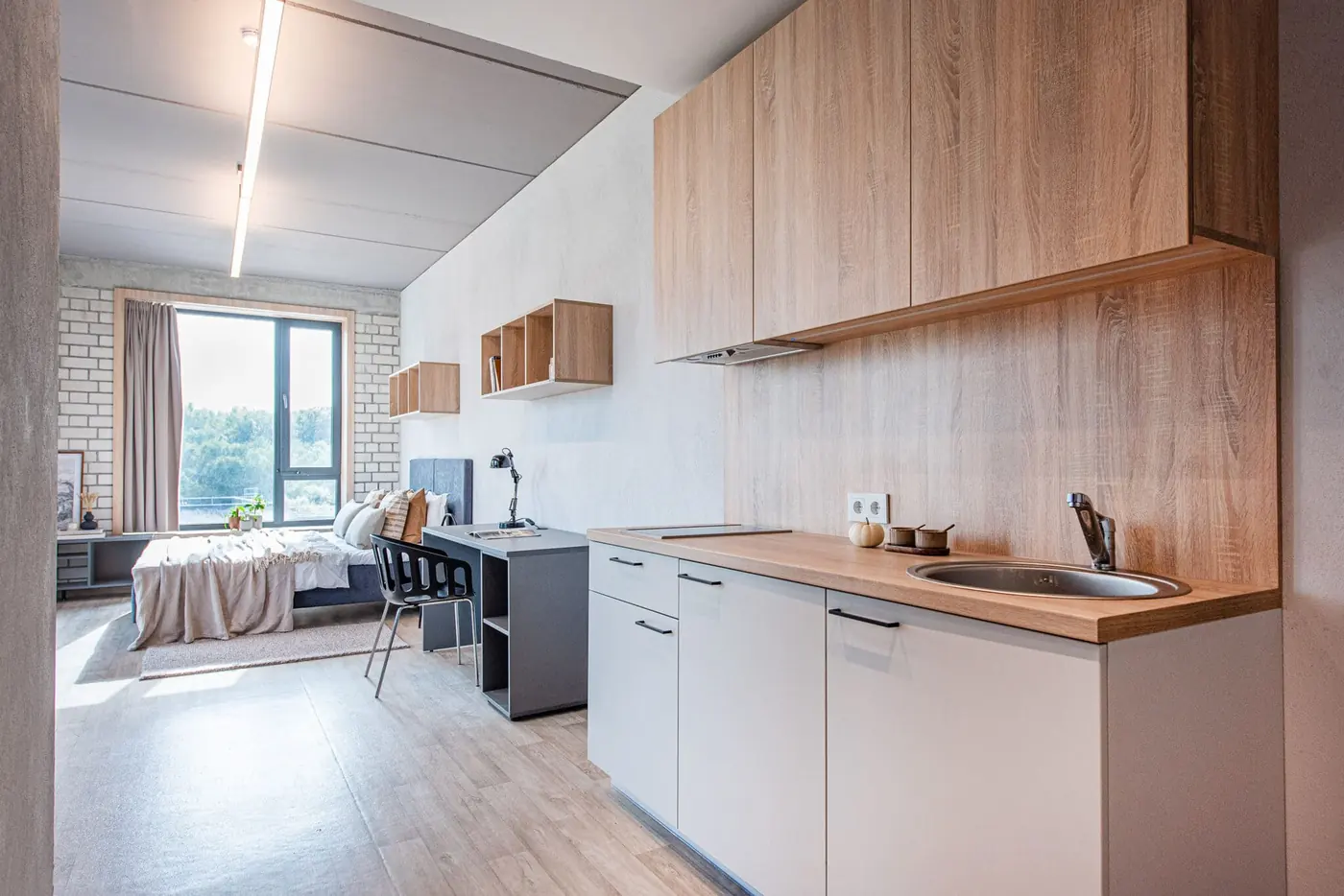 Furnished student studio in Vilnius with private kitchenette, study desk and sleeping area.