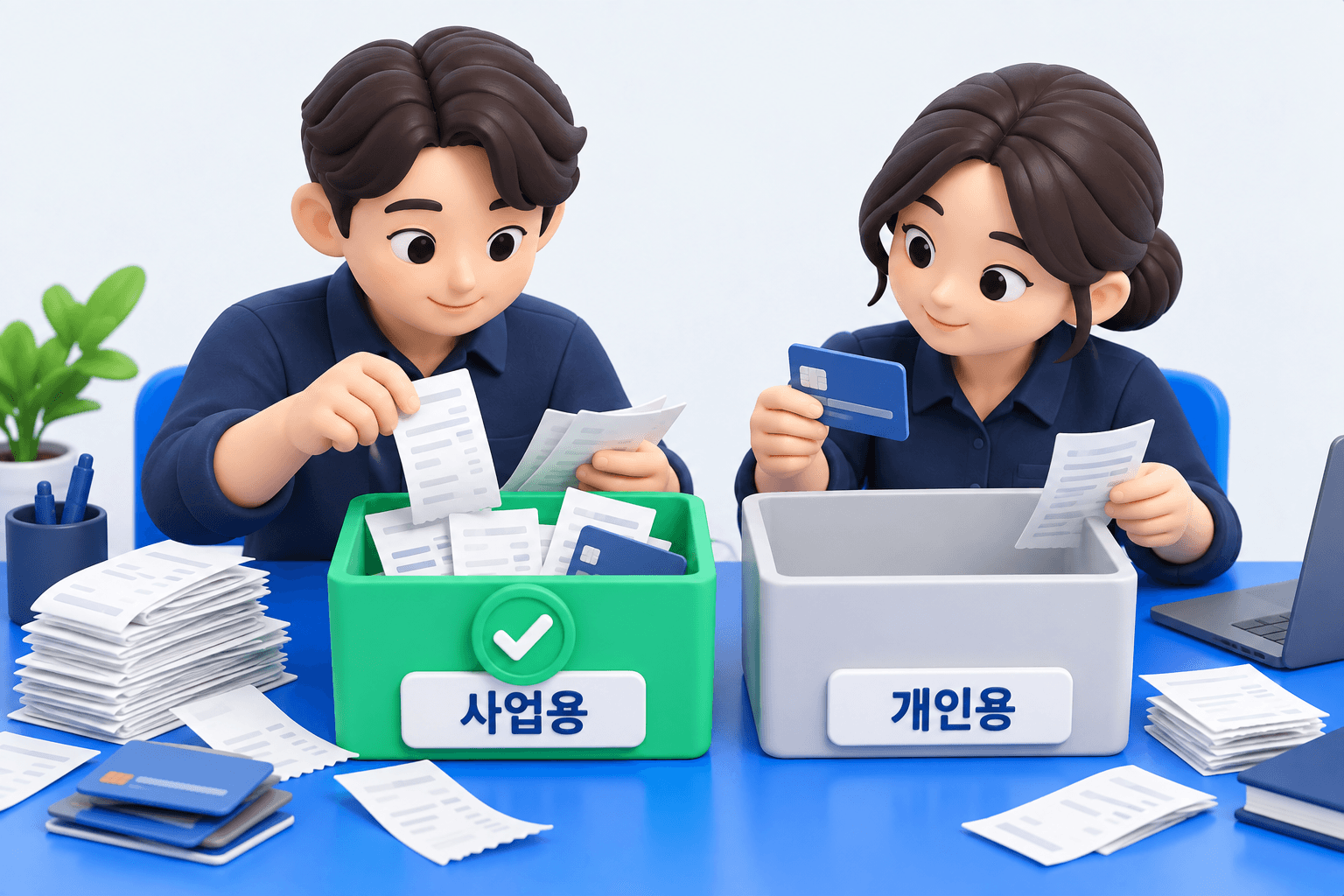 영수증과 카드 명세서를 사업용·개인용으로 나누는 두 사람