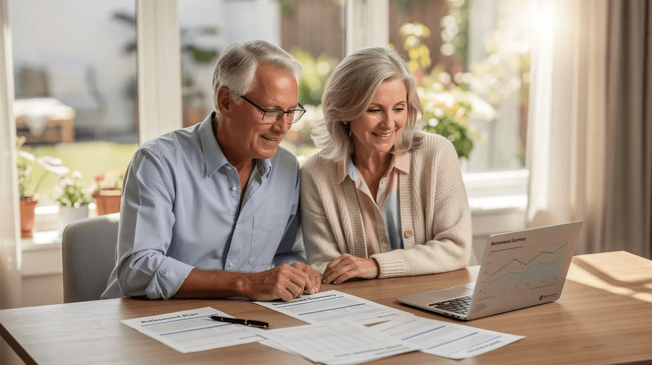 An older couple sits at a table by a window, carefully reviewing their retirement documents, including tax strategies and retirement plans. They appear focused on understanding their taxable income and potential tax bracket management to optimize their financial future.