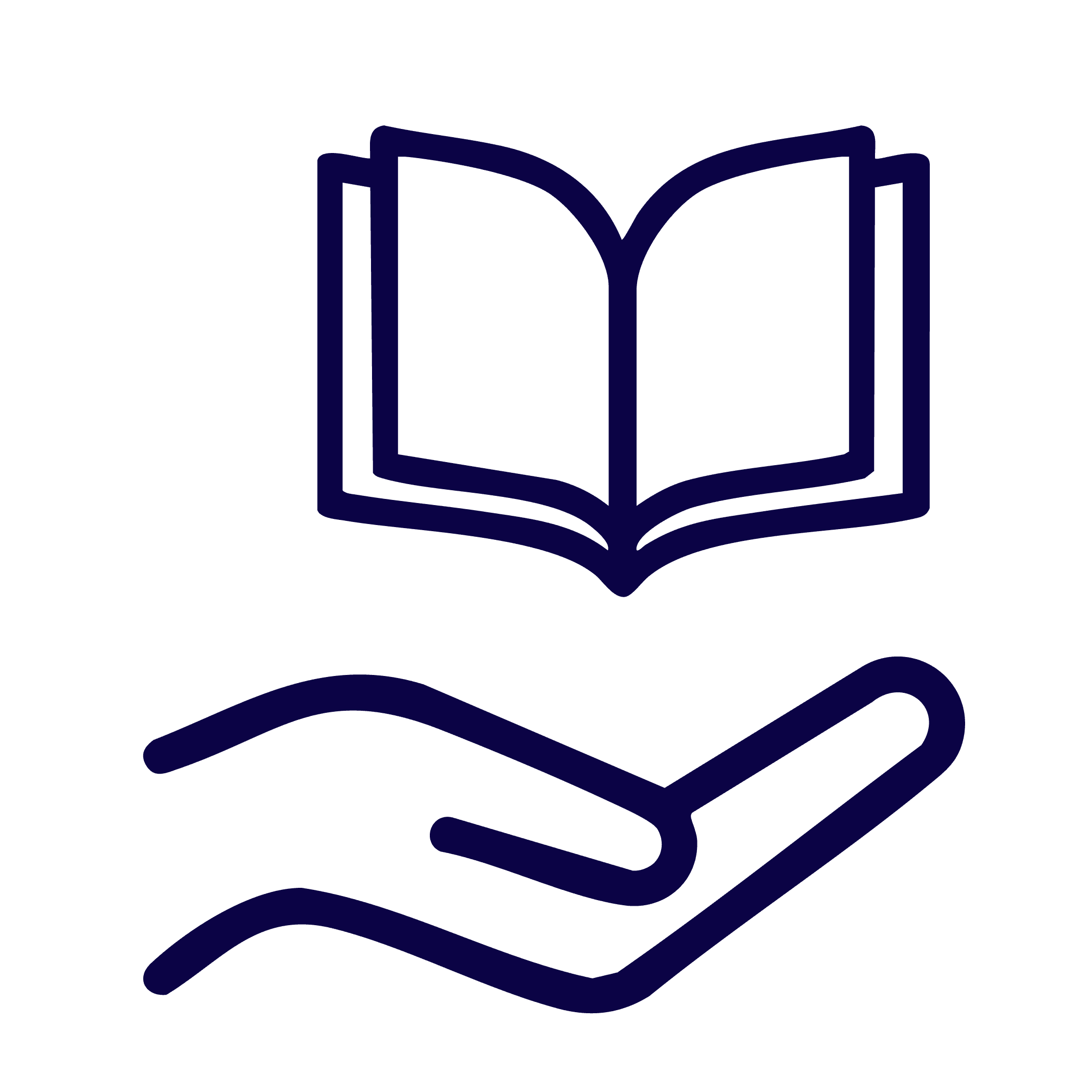 icon of a hand palm up with a floating book in blue