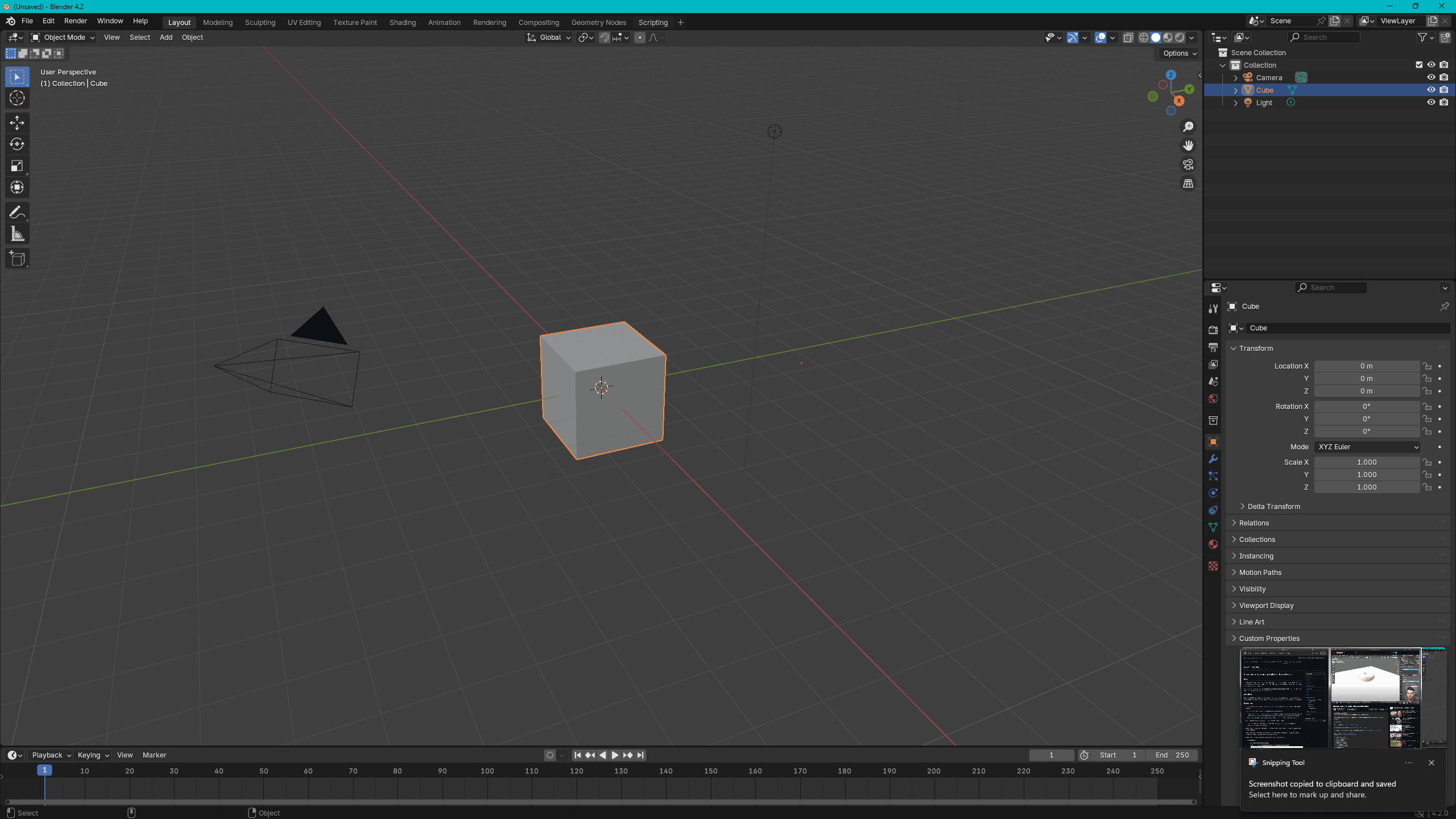 Default layout view of a new Blender project