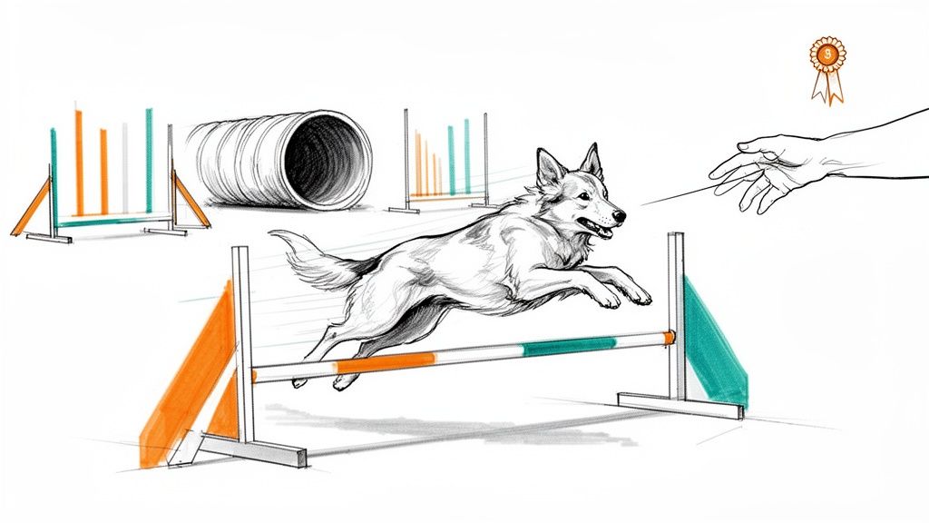 Sketch of a dog jumping over an agility hurdle, guided by a hand, with a tunnel and award.