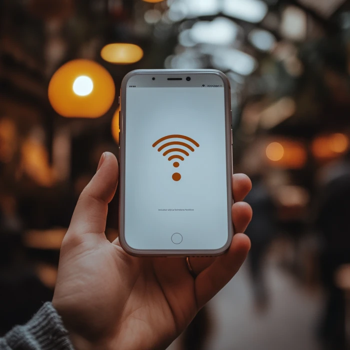 Person holding a smartphone with a Wifi symbol.