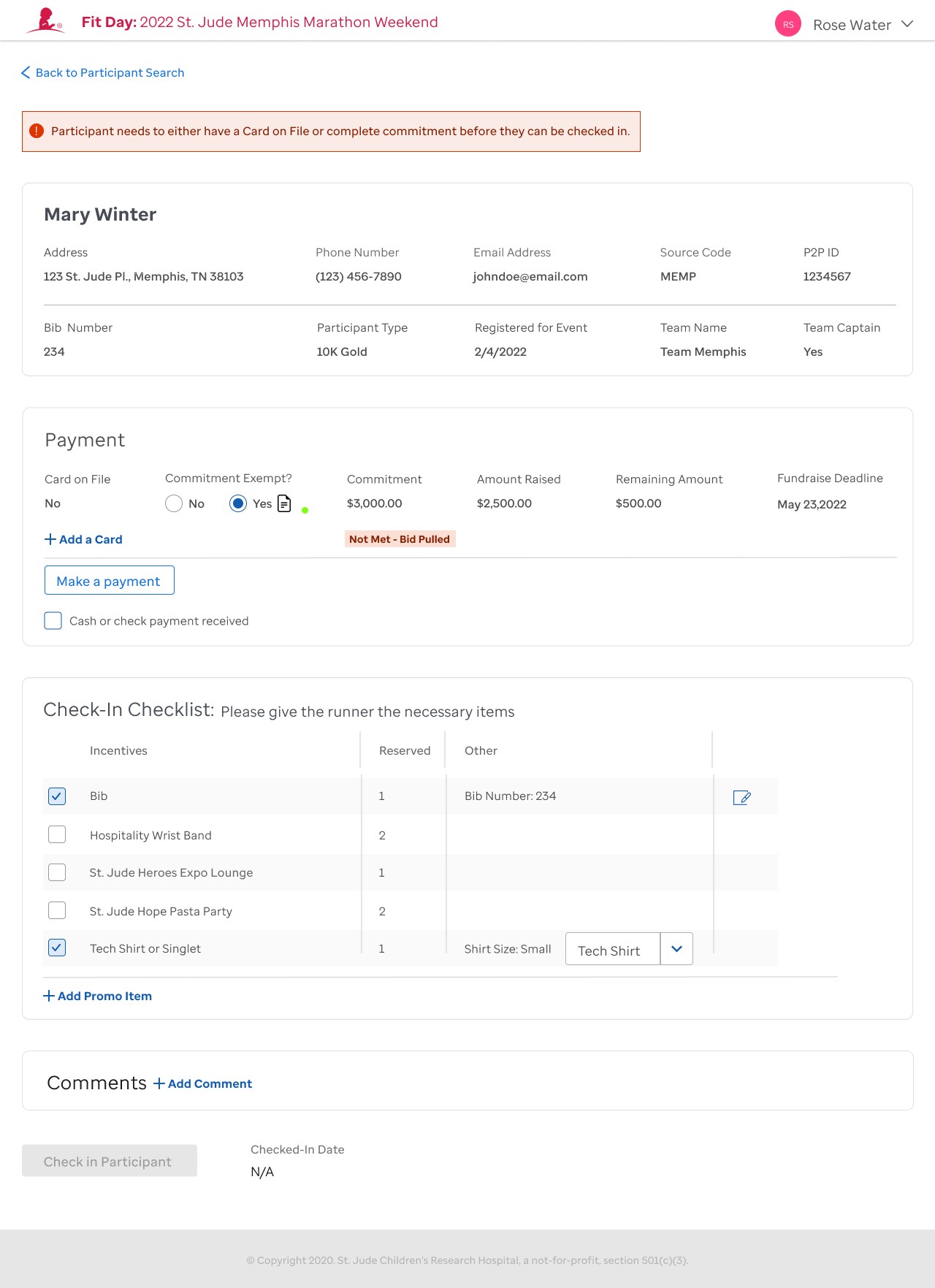 New participant profile — with bib pull flag and checklist
