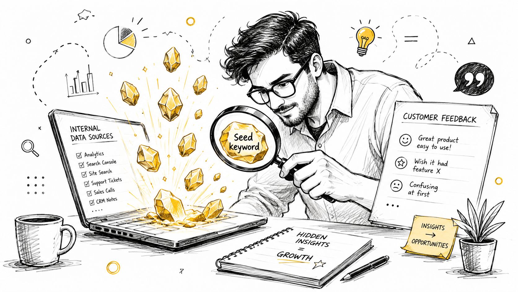 A professional analyzing data and customer feedback on a laptop to find valuable SEO seed keywords.