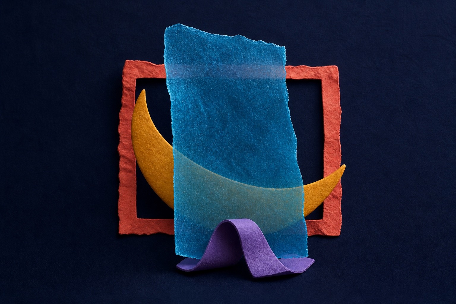 A translucent cyan membrane crosses a coral frame, amber crescent, and violet ribbon on deep indigo.