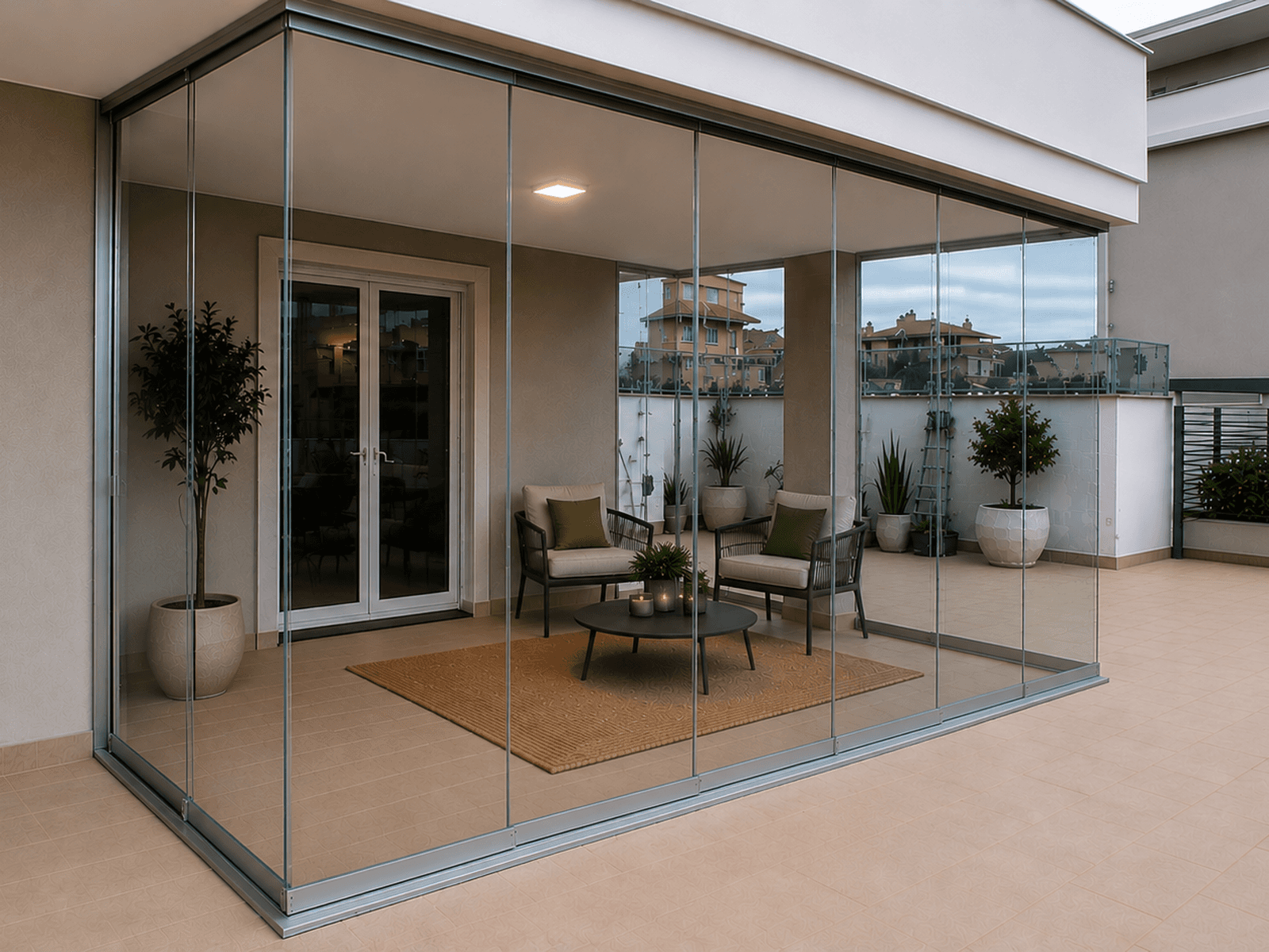 Terrazza protetta da vetrate panoramiche scorrevoli ForteVetro, una soluzione elegante e luminosa per vivere lo spazio esterno tutto l’anno
