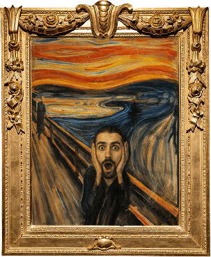 Shocked man's face in Edvard Munch's The Scream painting.