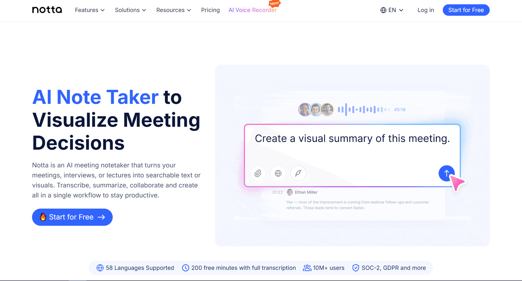 Homepage screenshot of Notta, an AI meeting note-taking tool, featuring the headline “AI Note Taker to Visualize Meeting Decisions” and a visual summary prompt on screen.