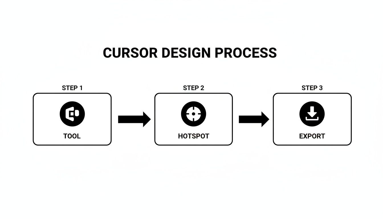 Flowchart showing the cursor design process with three steps: Tool, Hotspot, and Export icons.