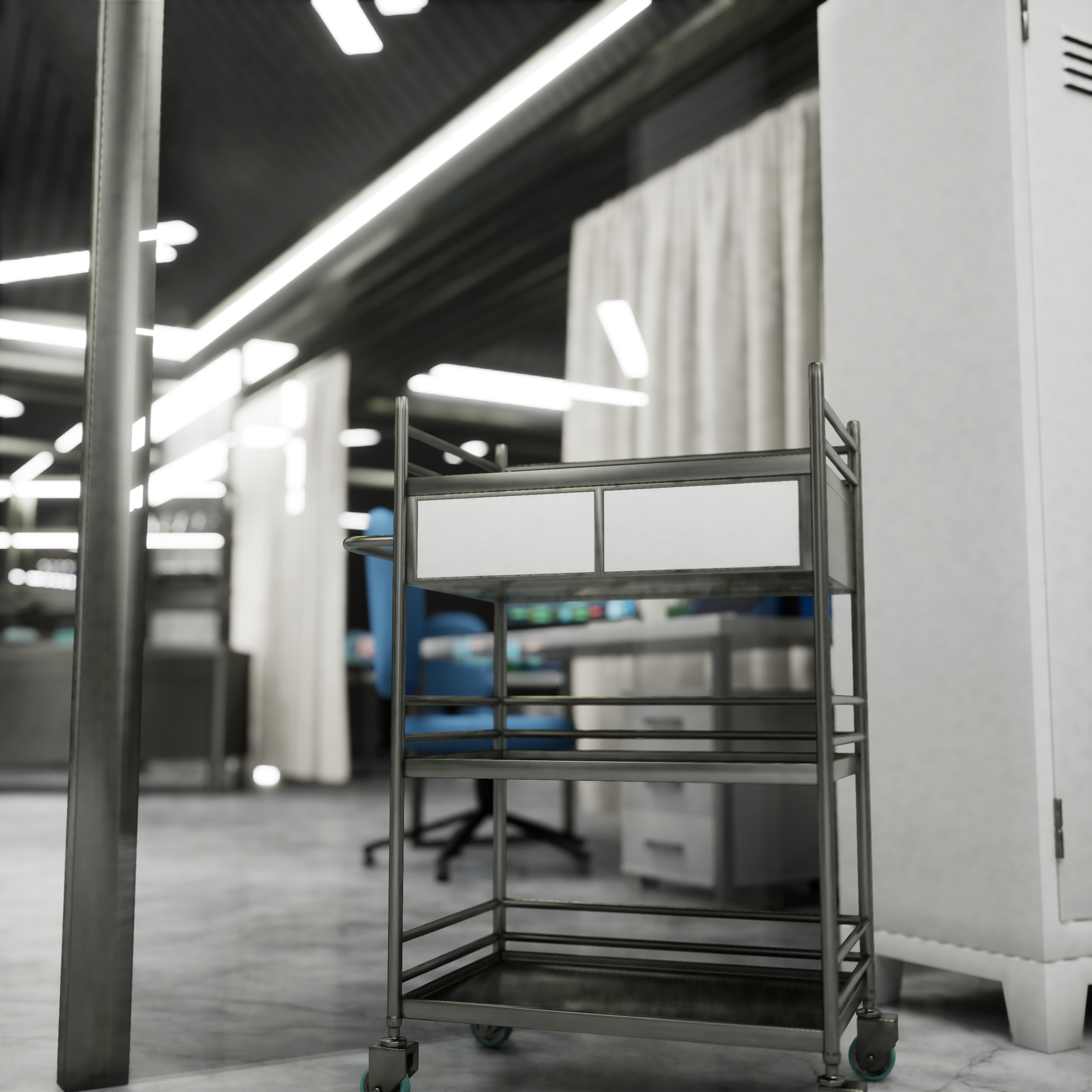 A stainless steel mobile rolling storage rack with drawers and wheels.