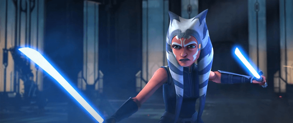 Ahsoka Tano wielding two blue lightsabers