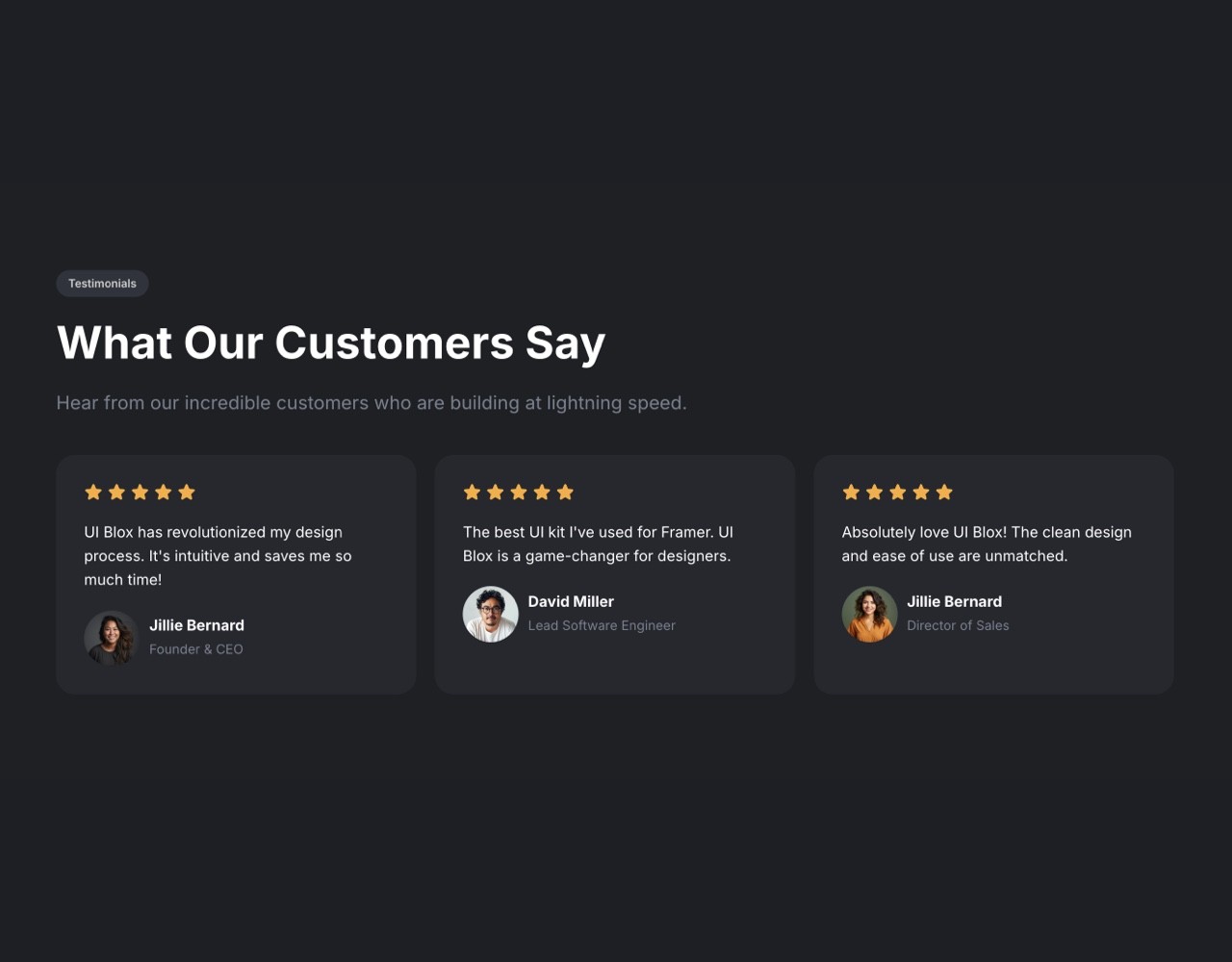 Framer Dark Testimonials Section - Frameblox UI