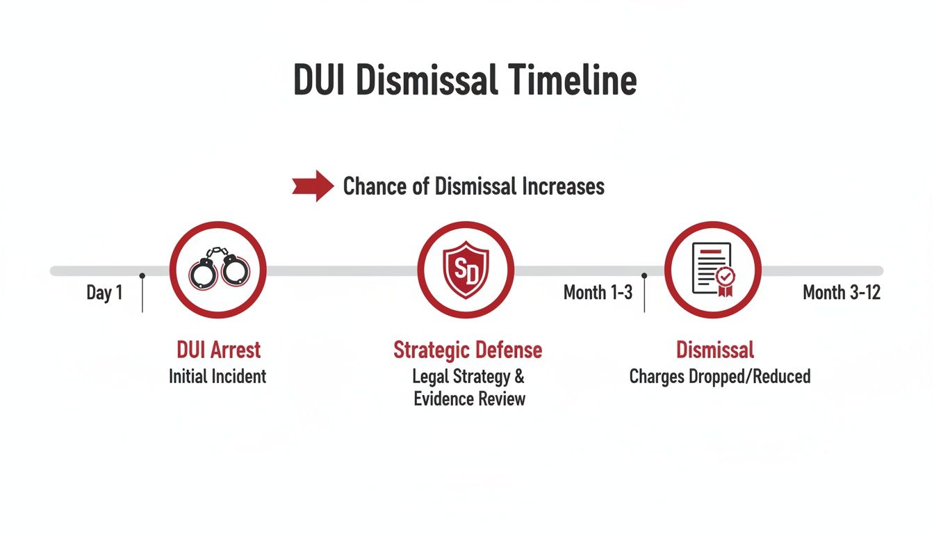 A DUI dismissal timeline visual showing steps from arrest, through strategic defense, to charges dropped or reduced.